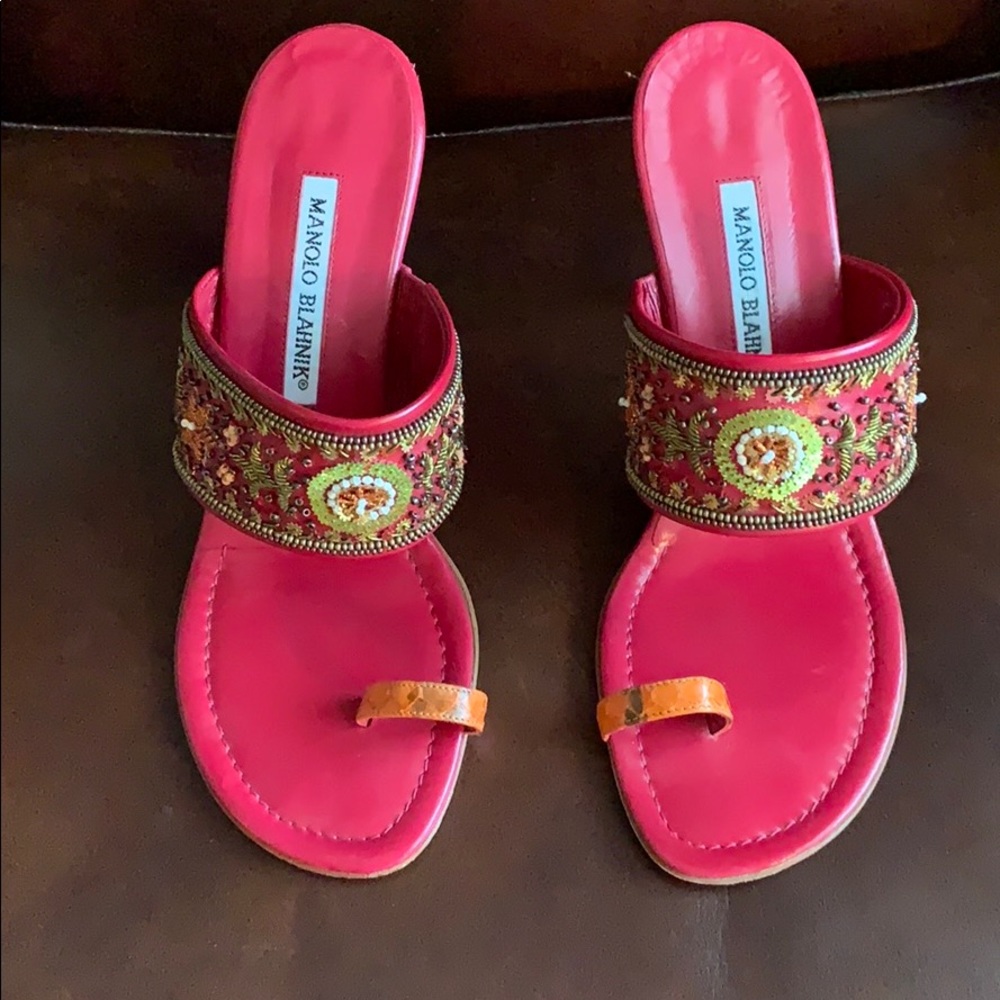 Manolo Blahnik beaded sandals with python accents